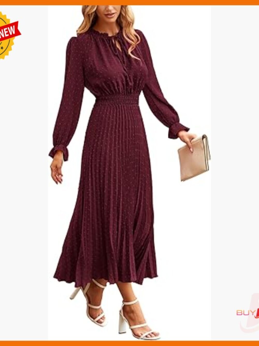 Long Sleeve V Neck Midi Dress Swiss Dot Pleated A Line Flowy Casual
